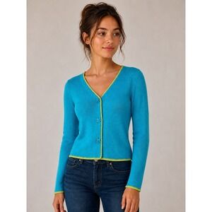 Thyme Womens Blue Knit Cardigan Sweater Green Trim Flower Buttons Small